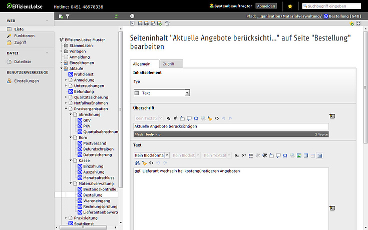 Bearbeitungsansicht des Effizienz-Lotsen, das sogenannte Backend von TYPO3