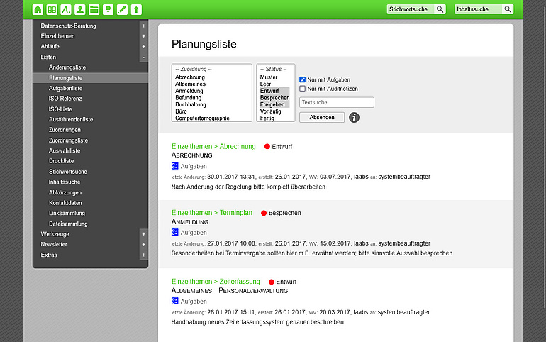 Planungsliste im Organisationssystem Effizienz-Lotse