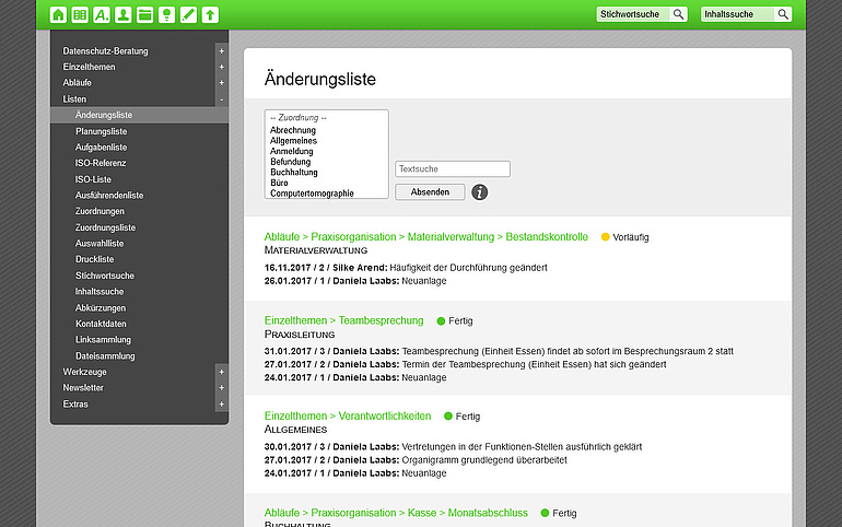 Die Änderungsliste des Organisationssystems Effizienz-Lotse aktualisiert sich automatisch